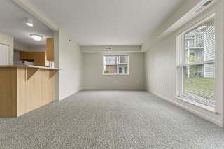 An end style living room with a carpeted floor and a window with blinds at Stoney Pointe Apartment Homes, Kansas