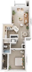 One bedroom 3D floor plan at Tall Oaks Apartment Homes, Kalamazoo, MI, 49009