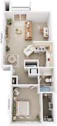 One Bedroom End 3D Floor Plan at Tall Oaks Apartment Homes, Kalamazoo, MI