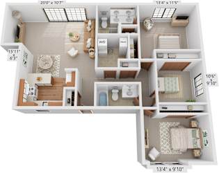 Three Bedroom Birchwood Deluxe 3D Floor Plan at Tanglewood Apartments, Oak Creek