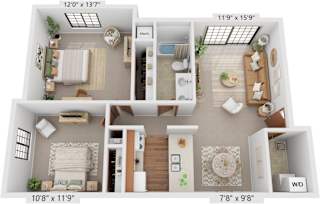 Two Bedroom Mulberry 3D Floor Plan at Tanglewood Apartments, Oak Creek, 53154