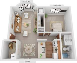 One Bedroom Mulberry 3D Floor Plan at Tanglewood Apartments, Oak Creek, WI