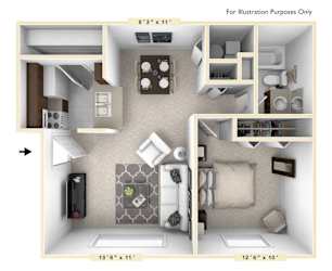The Cape - 1 BR 1 BA Floor Plan | 623 Sq. Ft. at Bay Pointe Apartments, Indiana