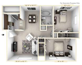 The Cove - 2 BR 1 BA Floor Plan | 805 Sq. Ft. at Bay Pointe Apartments, Indiana, 47909