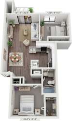 Two Bedroom One Bath Renovated 3D Floor Plan at The Crossings Apartments in Grand Rapids, MI