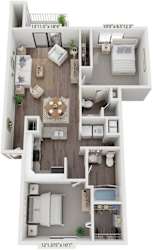 Two Bedroom Two Bath Renovated 3D Floor Plan at The Crossings Apartments in Grand Rapids, MI