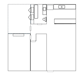 A floor plan of a house with a kitchen, living room, and two bedrooms.