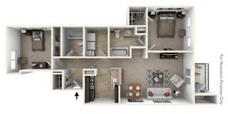 3D floor plan with two bedrooms and dual ensuites at Badger Canyon Apartments, Washington