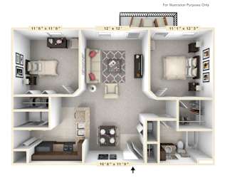 A 3D floor plan image of an apartment with dimensions.