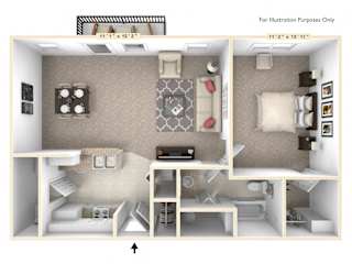 A 3D floor plan of a 1 bedroom apartment with a kitchen, living room, and bathroom.