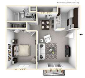 A #D floor plan image of a 1 bedroom apartment layout with a kitchen, living room, and bathroom.