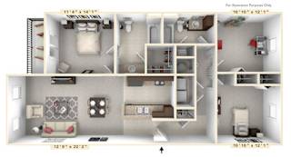 A detailed 3D floor plan of an apartment layout.
