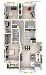 A detailed 3D floor plan of a three-bedroom apartment.