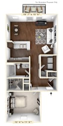 A floor plan of an apartment with a bedroom, living room, and kitchen.