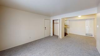 an empty living room with a door to a bathroom and a closet at Walnut Trail Apartments, Michigan