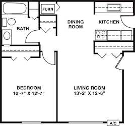 One bedroom expanded 2D floor plan at Walnut Trail Apartments, Michigan