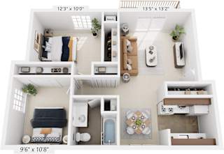 Two Bedroom - Expanded 3D Floor Plan at Walnut Trail Apartments, Portage, MI