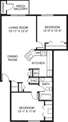 Two bedroom one bath 2D floor plan at Windmill Lakes Apartments, Holland, Michigan