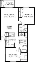 Two bedroom two bath 2D floor plan at Windmill Lakes Apartments, Holland, Michigan