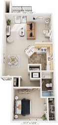 One Bedroom End 3D Floor Plan at Windmill Lakes Apartments, Holland, MI, 49424