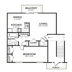 A black and white floor plan of a small house with a balcony, living room, dining room, kitchen, bathroom, bedroom, porch, and closet.