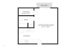 A floor plan of a one bedroom apartment with a balcony.