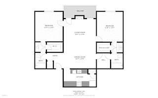 A floor plan of a house with a living room, two bedrooms, a dining room, a kitchen, a hallway, two bathrooms, and a balcony.
