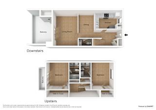 A diagram shows the layout of a house with two floors, a living room, a dining room, a kitchen, and bedrooms.