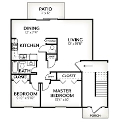 A black and white image of a floor plan for a house with a living room, dining room, kitchen, two bedrooms, and a porch.