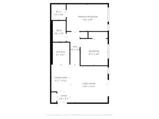 A floor plan of a small apartment with a living room, dining area, kitchen, and two bedrooms.