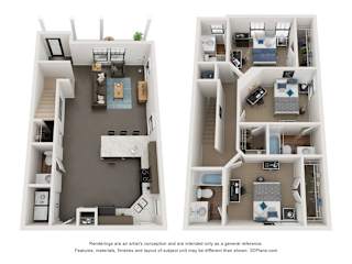 A floor plan of a two-bedroom apartment with a living room, kitchen, and bathroom.