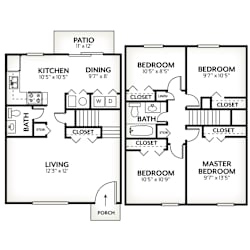 A black and white floor plan of a house with a living area, kitchen, dining area, two bedrooms, a bathroom, and a patio.