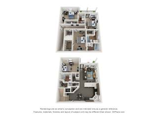 Two floor plans of a house with a kitchen, living room, and bedrooms.