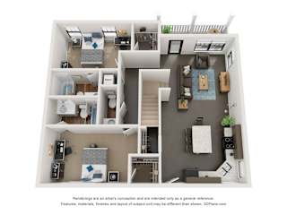 A 3D floor plan of a house with a kitchen, living room, and two bedrooms.