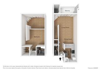 A diagram of a floor plan showing a living room, dining room, kitchen, and bedroom.