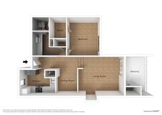 A diagram of a house layout with a kitchen, dining room, living room, bedroom, and balcony.