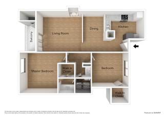 A diagram of a house layout with a living room, dining room, kitchen, and bedrooms.