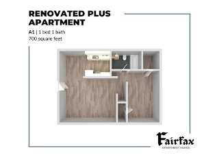 A renovated apartment with a bed, a bath, and a total area of 700 square feet.
