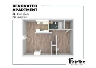 A renovated apartment with a 1 bed 1 bath layout and 710 square feet.