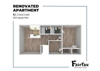 A renovated apartment with a B2 size and 2 bedrooms and 2 bathrooms.