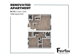 A floor plan of a renovated apartment with two bedrooms and one bathroom.