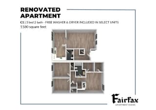 A diagram of a renovated apartment with a floor plan and details about the bathroom.