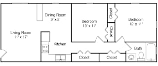 A floor plan of a house with a living room, dining room, kitchen, and three bedrooms.