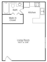 A drawing of a living space with a kitchen, bathroom and walk-in closet.