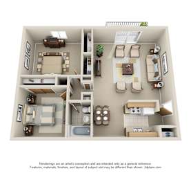 A 3D floor plan of a small apartment with a kitchen, living room, and bathroom.