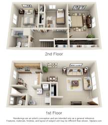 Two images of a house layout, one showing the first floor and the other showing the second floor.