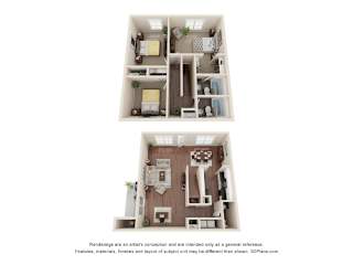 A floor plan of a two-bedroom apartment with a living room, kitchen, and bathroom.