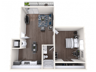 A top-down view of a small apartment layout with a kitchen, living room, and bathroom.