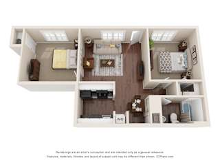 A 3D floor plan of a small apartment with a kitchen, living room, and bedroom.