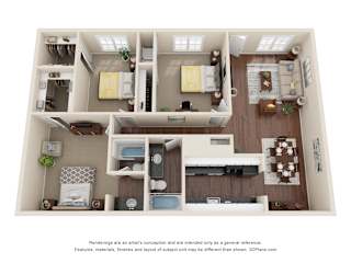 A 3D floor plan of a house with a kitchen, living room, and two bedrooms.